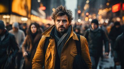 Obraz premium Rush hour's urban hustle: people swarm through streets. 