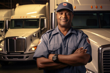 A proud smiling male transportation inspector standing in front of transport trucks