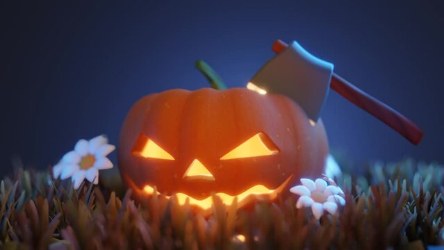 Pumpkins In Graveyard In The Spooky Night. An ax chops a pumpkin on a stump - Halloween Backdrop 3d render animation