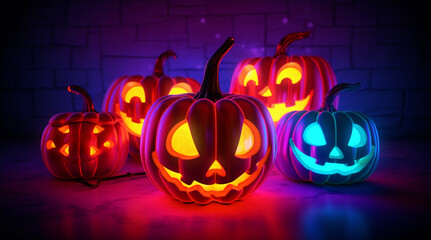 Halloween pumpkins with neon light