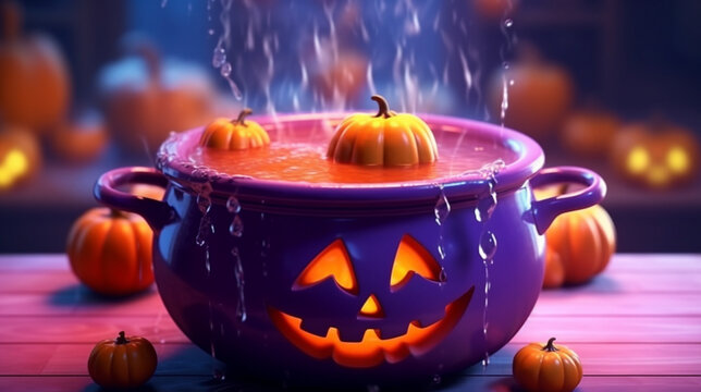 Orange pumpkin is cooked in a purple cauldron in the water
