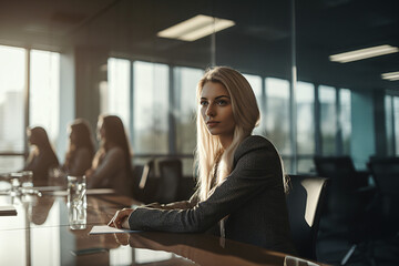 Young happy business woman working at office
