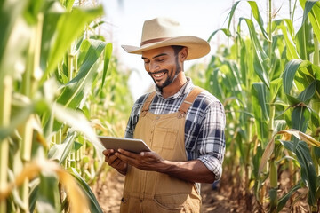 Modern farmer in a middle of corn field using digital tablet to review harvest and crop performance, ESG concept and application of technology in contemporary agriculture practices