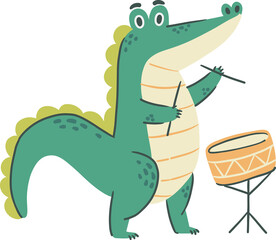 Crocodile play drum . Cute cartoon characters . Hand drawn style . PNG .