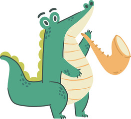 Crocodile play saxophone . Cute cartoon characters . Hand drawn style . PNG .