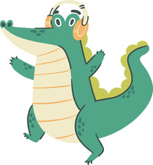 Crocodile with headphones . Cute cartoon characters . Hand drawn style . PNG .