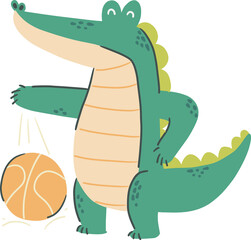 Fototapeta premium Crocodile dribbling basketball . Cute cartoon characters . Hand drawn style . PNG .
