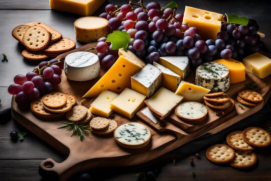 An image of a rustic cheese board with a variety of cheeses, grapes, and artisanal crackers.