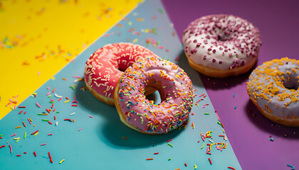 donuts with icing sugar, unique donuts, each adorned with delightful sprinkles, isolated, sprinkles, baked, white, Ai generative 