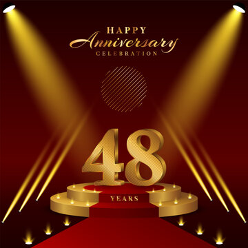 48th anniversary logo with numbers and podium in gold color, logo design for celebration event, invitation, greeting card, banner, poster, and flyer, vector template