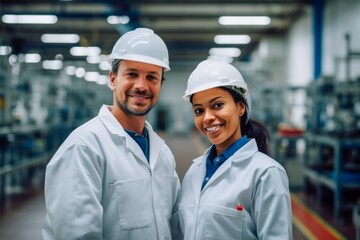 two factory workers posing in a warehouse,