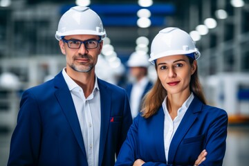 two factory workers posing in a warehouse,