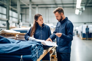 a woman and man in a warehouse inspecting fabric