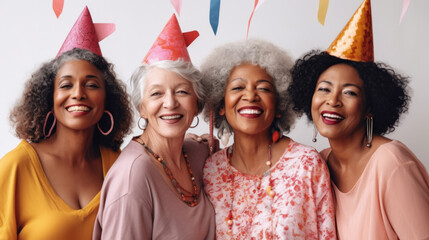 A group of happy senior ladies marks a birthday in a studio setting. Generative AI