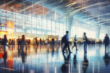 Background of an airport blurred individuals in an exposition hall. Concept image for a international air port