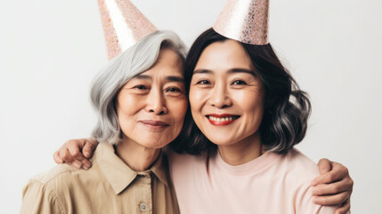 Happy senior women pose for a birthday celebration in a studio. Generative AI