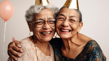 Happy senior women pose for a birthday celebration in a studio. Generative AI