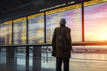 A man at the airport looking at the flight schedules timetable board. View from behind