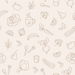 Healthy lifestyle. Seamless background drawn with a thin line. Vector illustration