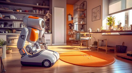 the robot cleans the house, vacuums floors and carpets