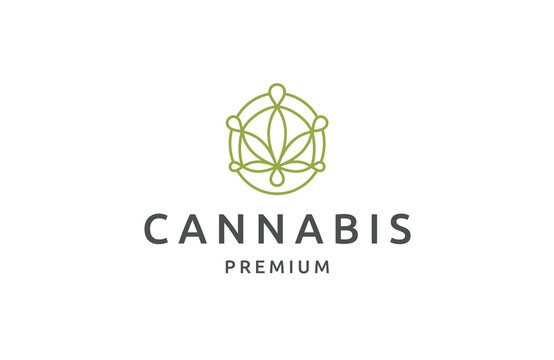 Cannabis with line art style logo design template flat vector