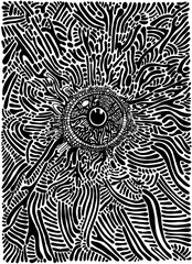 Fantastic black and white psychedelic eye, crazy pattern. Doodle coloring page. Abstract surreal texture.