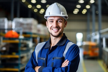 Portrait of Smiling Professional Heavy Industry Engineer. Worker Wearing Safety Uniform and Hard Hat. In the Background Unfocused Large Industrial Factory.