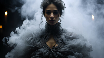 woman in a feather-trimmed robe stands amidst theatrical smoke against a dark, moody background
