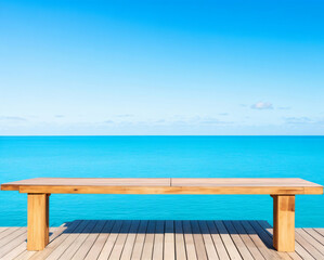 Wooden table on the background of the sea, island, and blue sky. High-quality photo