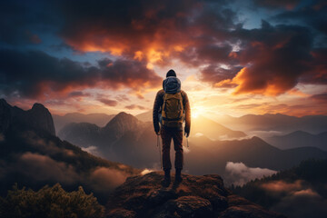Fototapeta premium A person captures a breathtaking sunset as they hike, appreciating the beauty of nature and its positive impact on mental wellbeing. Generative Ai.