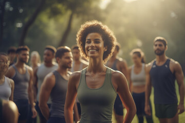 Fototapeta premium A fitness class gathers in a park, showcasing the sense of community and camaraderie that contributes to lasting wellbeing. Generative Ai.