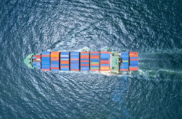 Aerial top view container ship full load container for logistics import export, shipping or transportation  shipyard at sunrise, logistic import export and transport industry background