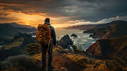 Solo adventure: backpacker gazes at wilderness horizon.

