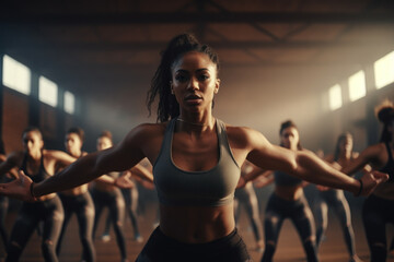 Fototapeta premium A fitness class practices dynamic stretches inspired by primal movement patterns, promoting flexibility and mobility. Generative Ai.