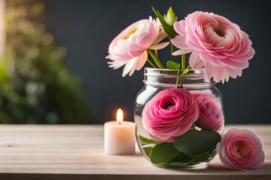 Beautiful pink  flowers standing in the glass vase with tree branches, decorated with  candles  generated. by AI tool
