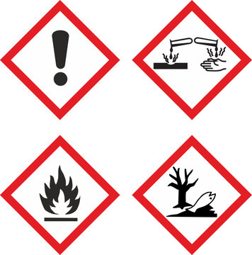 ICONS, CLP SIGNS CORROSIVE DANGER AQUATIC CAUTION FLAMMABLE