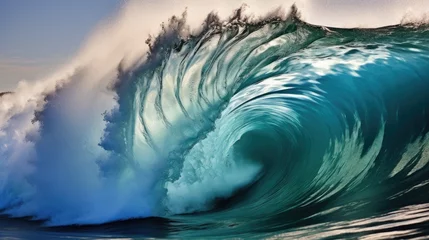 Poster Tsunami big huge large wave. Apocalyptic dramatic background - giant tsunami waves. Hurricane storm waves crashing cyclone storming sea splashing breaking.. © Oksana Smyshliaeva