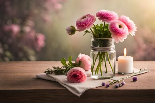 Beautiful pink  flowers standing in the glass vase with tree branches, decorated with  candles  generated. by AI tool