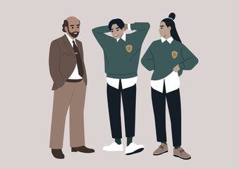 A candid illustration capturing students engaged in animated conversation with their professor in a bustling college hallway, epitomizing the everyday educational process