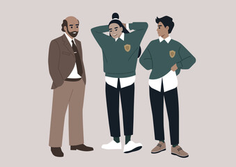 A candid illustration capturing students engaged in animated conversation with their professor in a bustling college hallway, epitomizing the everyday educational process