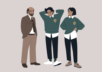 A candid illustration capturing students engaged in animated conversation with their professor in a bustling college hallway, epitomizing the everyday educational process