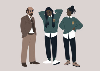 A candid illustration capturing students engaged in animated conversation with their professor in a bustling college hallway, epitomizing the everyday educational process