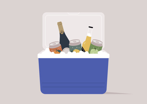 A picnic cooler stocked to the brim with an assortment of chilled beverages, including cans of soda, and bottles of beer and wine, ready to quench the thirst of outdoor enthusiasts