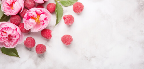 Fototapeta na wymiar An exquisite scene featuring peonies and raspberries, combining floral elegance with fruity freshness. This image is perfect for culinary, dessert, or floral-themed projects.