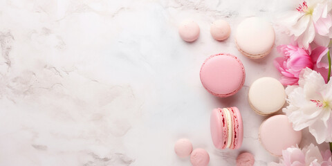 A charming styled scene featuring delicious raspberry macaroons and peonies, perfect for culinary or dessert-themed projects, exudes elegance and indulgence.