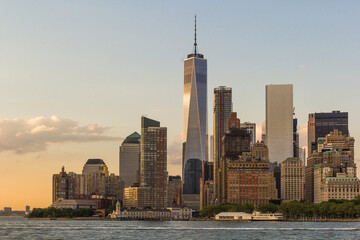 Lower Manhattan at sunset and the Freedom Tower.
