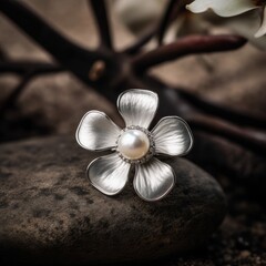 A Flower Ring with a Pearl and Diamonds. Generative AI