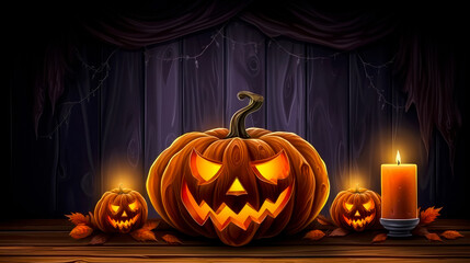Halloween Pumpkin head jack lantern on wooden table with burning candles on blurred background. Happy Halloween celebration holiday concepts. Copy space