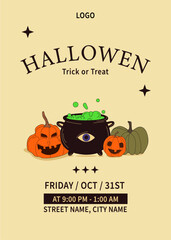 Halloween party. Halloween party invitation. Witches' cauldron with pumpkins