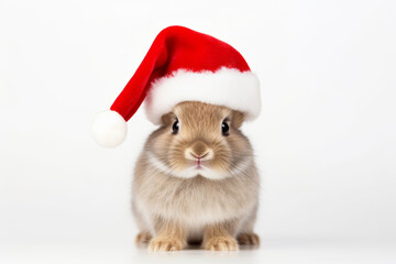 Cute portrait of an adorable festive Christmas rabbit wearing a Santa hat